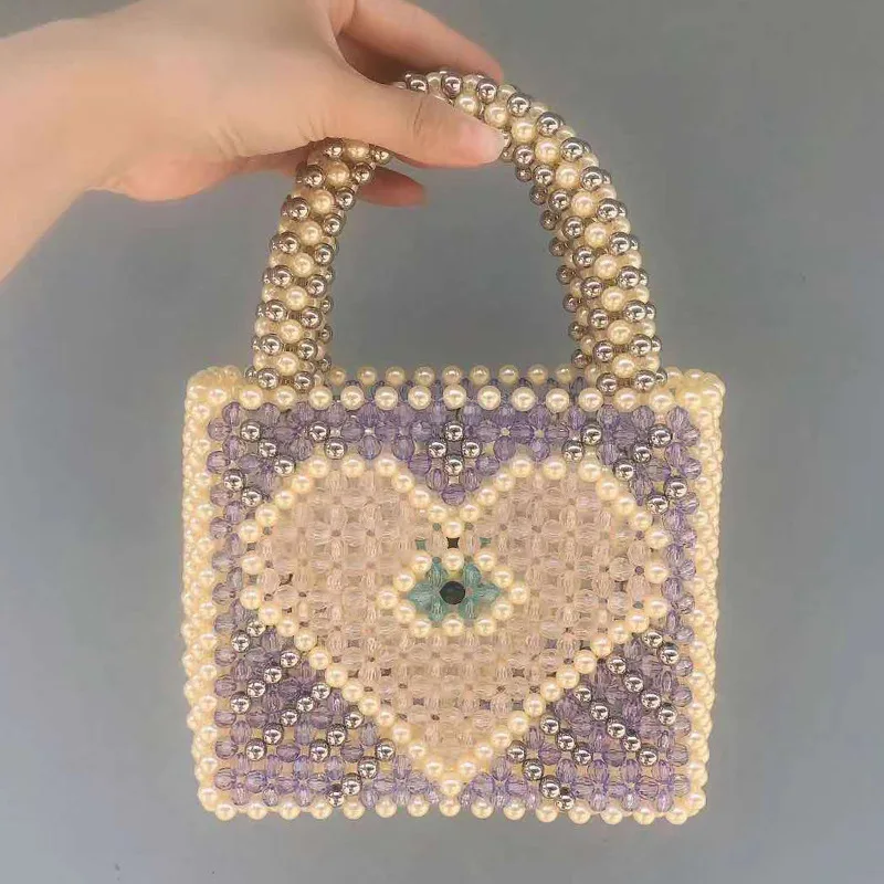 Fashion Heart Pearl Bag Beaded Bags for Women 2022 Floral Mini Handbags Light Blue Peach Handmade Women Bags Designer Beaded Bag