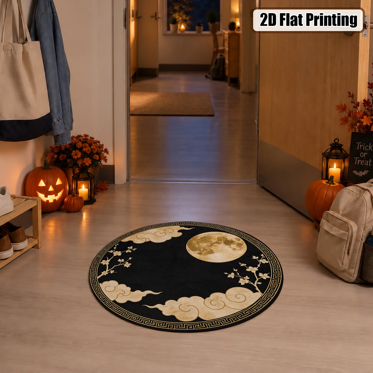 Moon Cloud Floral Pattern Round Area Rug, Velvet Soft Plush Rug, Machine Washable, Ideal for Living Room, Bedroom, Dining Area, Entryway, Perfect for Halloween, Thanksgiving, Christmas, New Year Holiday Decor
