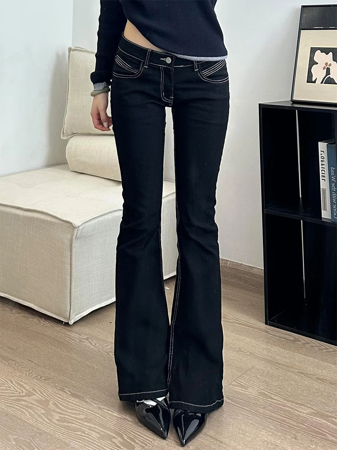 

Summer 2026 High Street Bf Lazy Style Small Size American Black Slim Jeans Women Micro Flare Floor-Length Low Waist Denim
