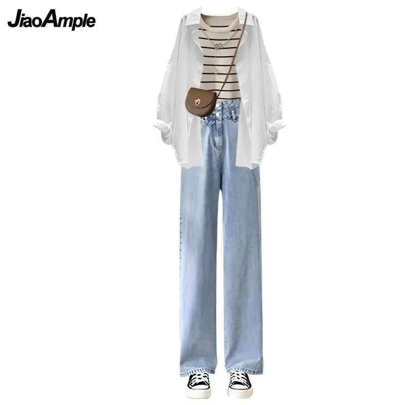 Set di pantaloni primaverili da donna 2024 canotta di nuova moda + camicia bianca + Jeans a vita alta tre pezzi Set coordinati di pantaloni eleganti