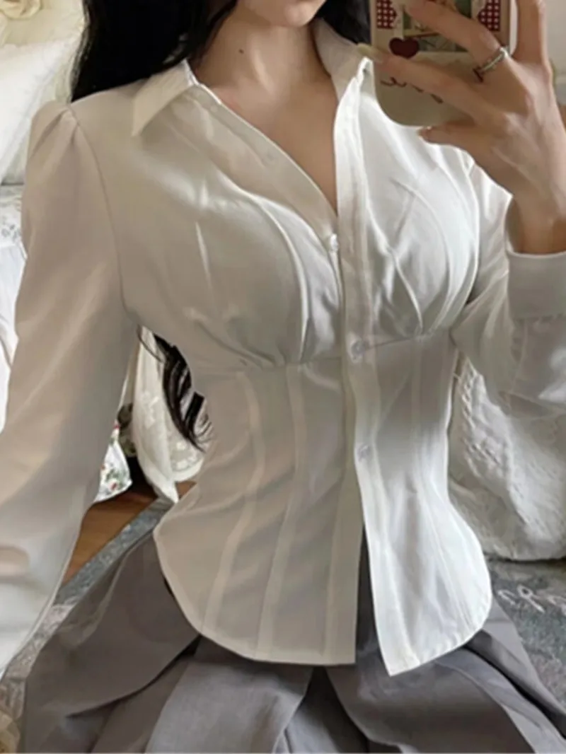 2024 Spring New French Style Light Mature Style Fish Bone Slim Long Sleeve Small Shirt Women Lapel Cinching Waist Top FQM7