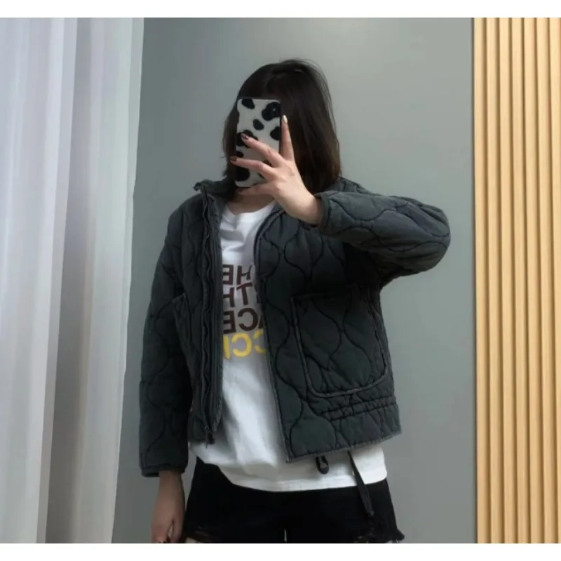 Women's Models Autumn Winter Coat Coat Coat Lace Standing Collar Waist Comfortable Thin Simple Loose Design Sense Slim Niche New