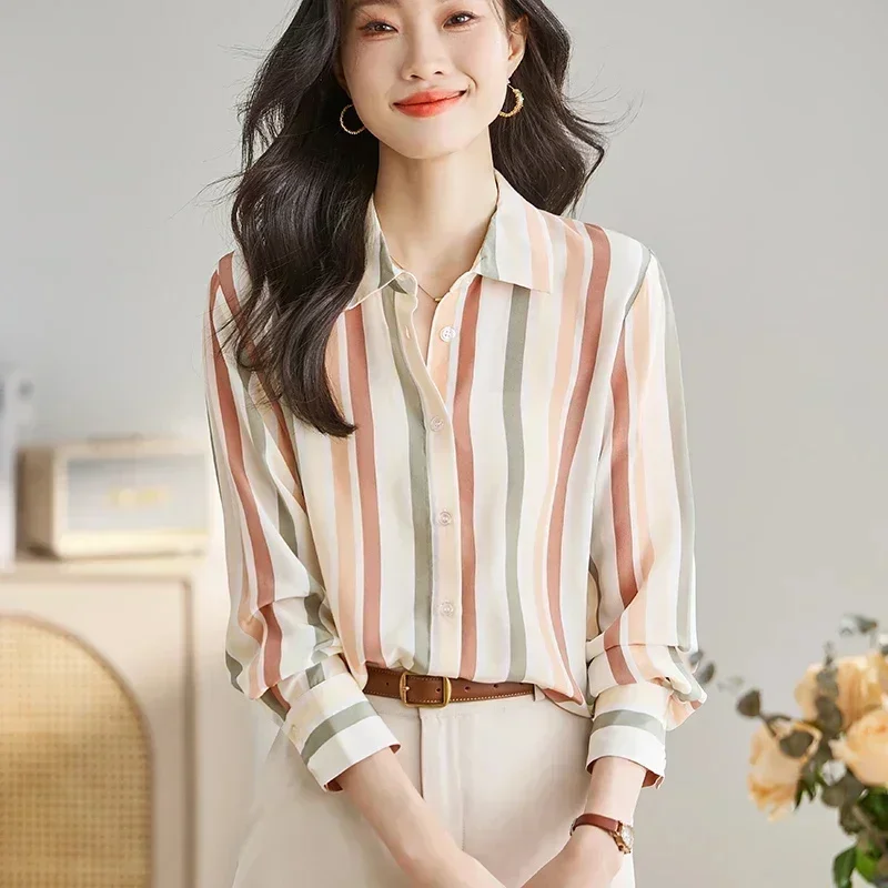 Striped Print Button Front Shirt Casual Long Sleeve Shirt for Spring & Fall Women\'s Clothing Women Tops Blouse Women Shirt