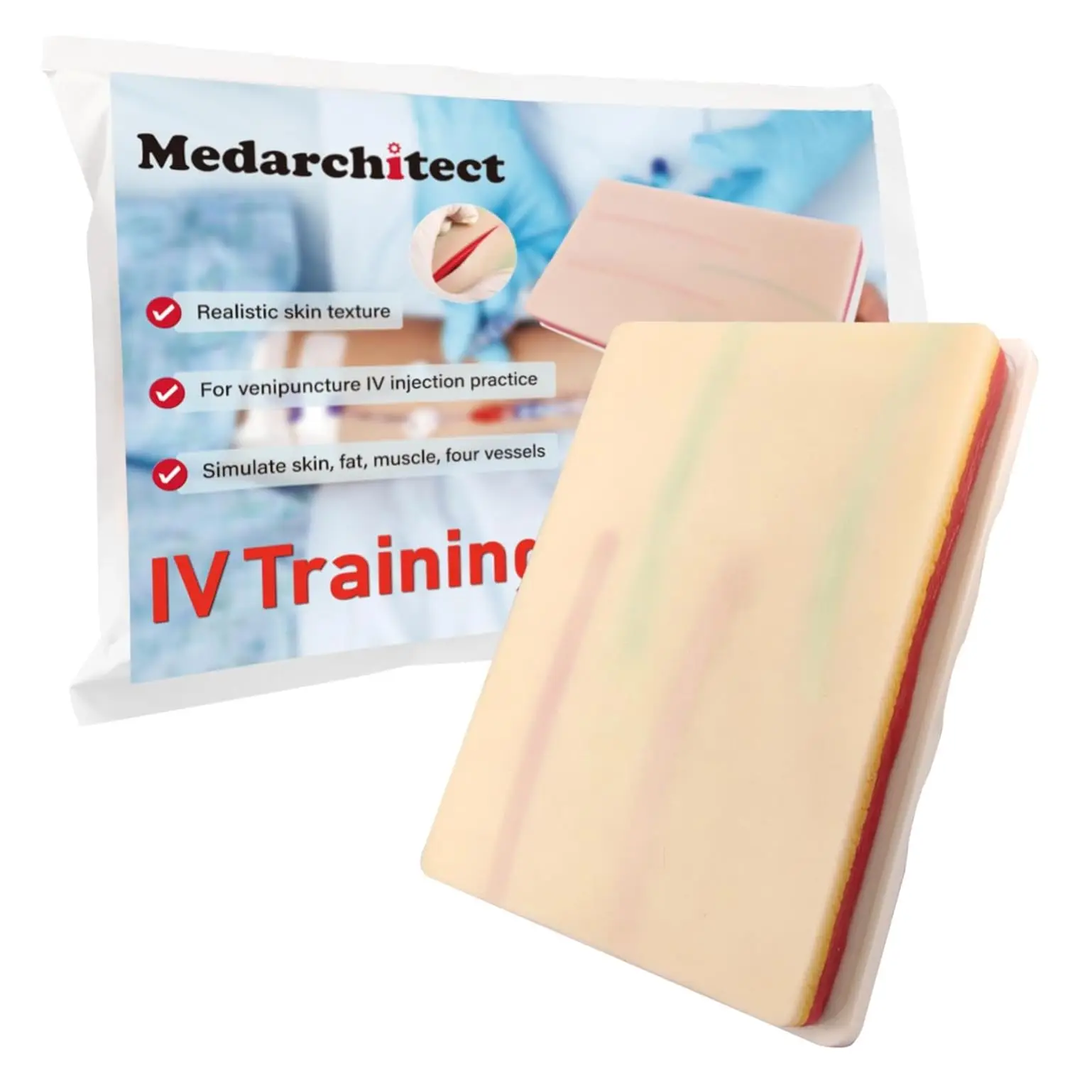 

Medarchitect IV Injection Practice Pad Venipuncture Lifelike Skin 4 Veins Imbedded 3 Skin Layers for Medical Student Nurse Train