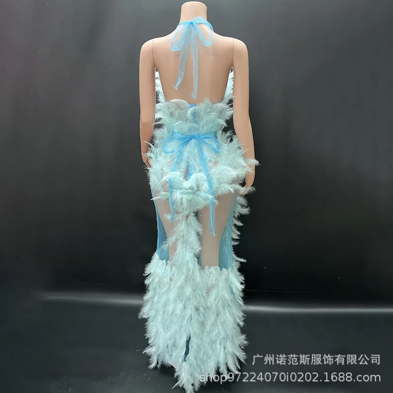 مزاجه المتخصصة الضوء الأزرق الجنية الفاخرة فستان من الريش المغني الأعمال موضة الغناء الملابس فستان حفلة عيد ميلاد من أي وقت مضى جميلة