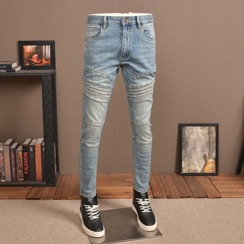 Blue Old Splicing Men\'S Jeans Fashion Brand Stretch Slim Men\'S Pants High-End Motorcycle Street Straight Casual Pants