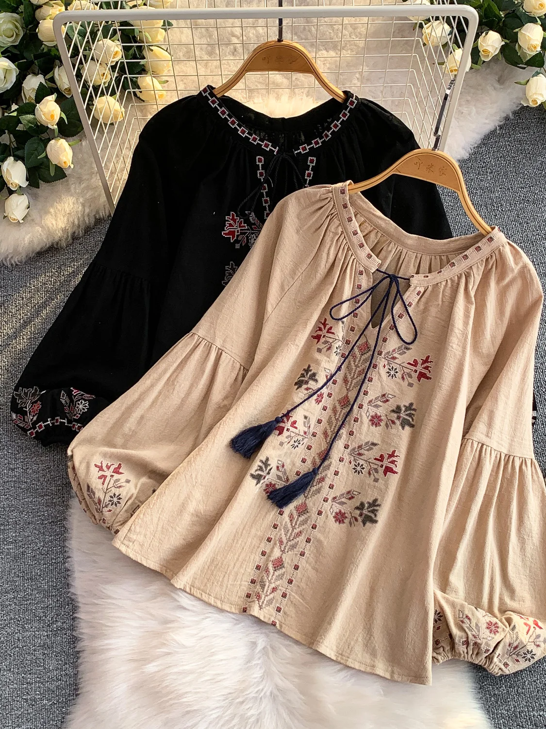 Retro Artistic Embroidered Belted round Neck Lantern Sleeve Shirt Women Summer Loose Conceal Belly Slimming Top Korean Style