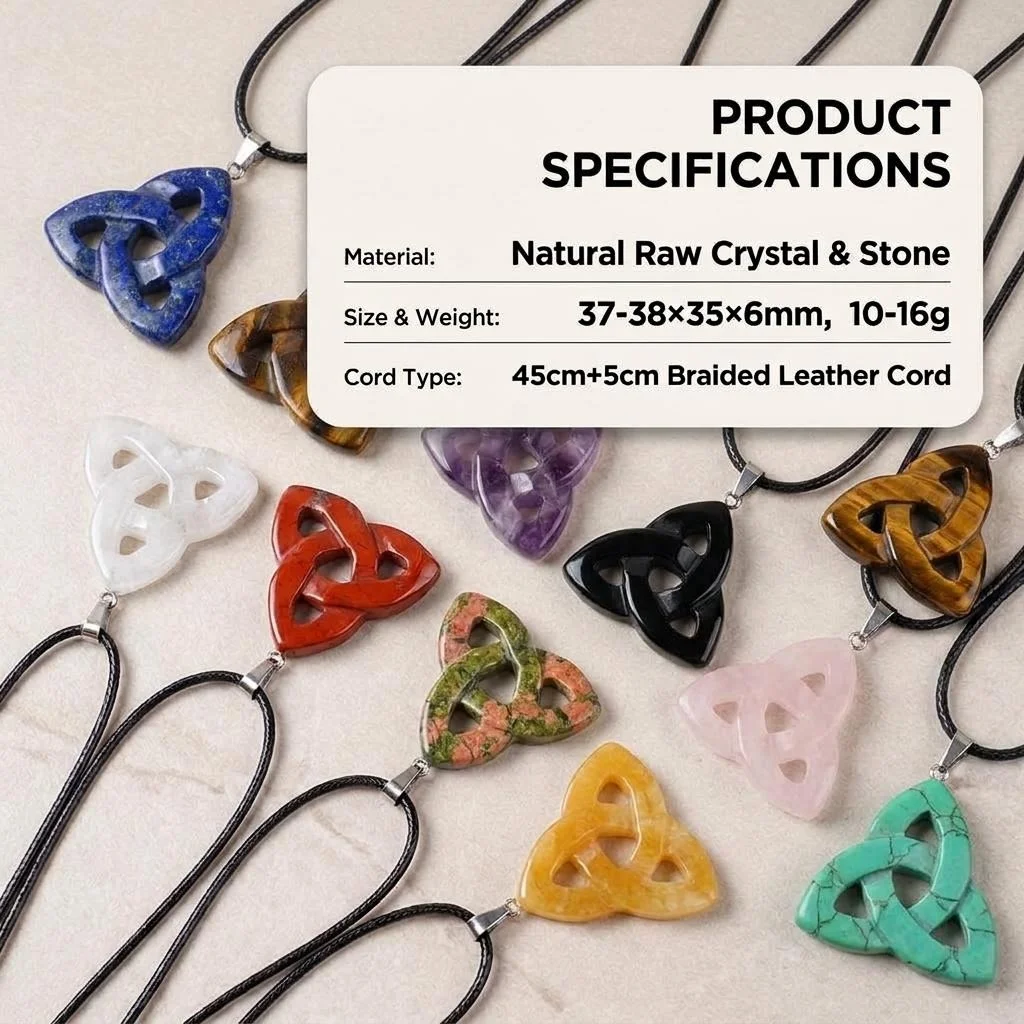 38MM Triquetra Celtic Knot Natural Crystal Pendant Wax Cord Chakra Healing Stone Irish Symbol Necklace Spiritual Jewelry Gift