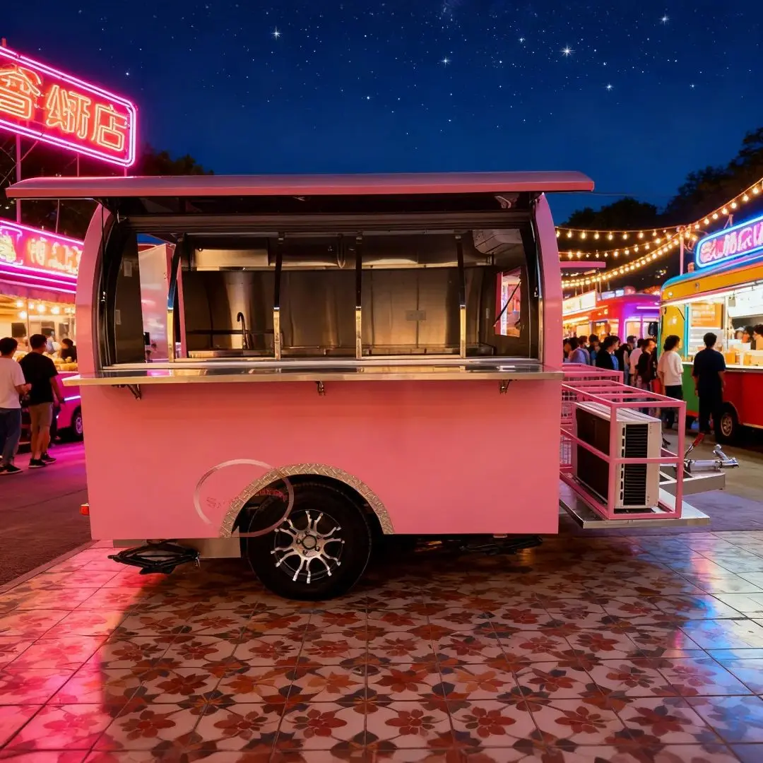 

outdoor food trailer adopts a soft and eye-catching pink appearance