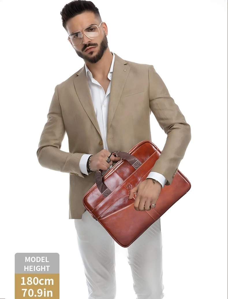 Business men's briefcase leather stitching men's multi-function large capacity one shoulder travel briefcase