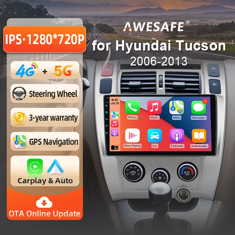 AWESAFE Radio Android 10 pouces pour Hyundai Tucson ix35 LM 2006-2013, CarPlay sans fil et Android Auto, navigation GPS, support multimédia, commande au volant, amplificateur de subwoofer, caméra arrière, prise EU, Plug and Play, autoradio numérique DAB+, autoradio 2 DIN, stéréo RDS DSP