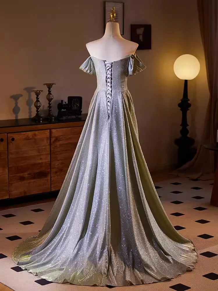 Robe de soirée froncée A-Line Split pour femmes, robes de Rhformelles, tenue de soirée de mariage, gris argenté simple