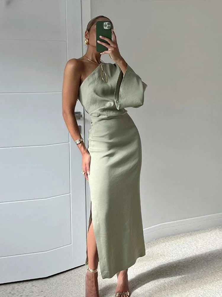 

Mingmingxi Autumn Sexy One Shoulder Long Sleeve Linen Blending Dresses Elegant Backless Slit Bodycon Dress 2023 Pleated Robe