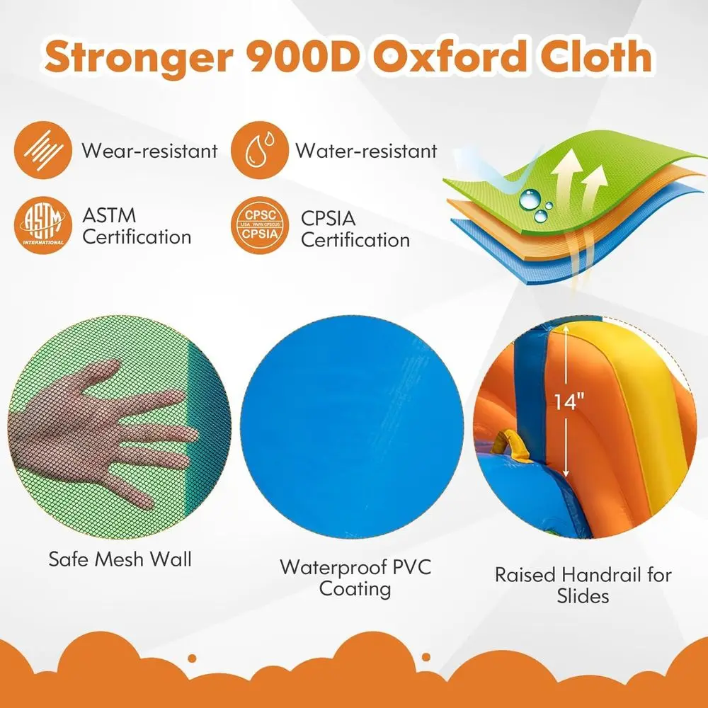 Dwukierunkowa dmuchana zjeżdżalnia wodna, 5,8x5,2 m z ścianami do wspinaczki, bramkami do piłki nożnej i basenem dla dzieci.