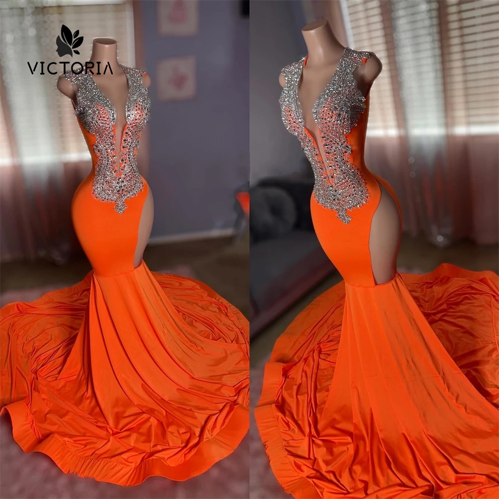 Silver Crystal Beaded Fluorescent Orange Long Prom Dress Black Girl African Mermiad Luxury Birthday Party Dress Customized