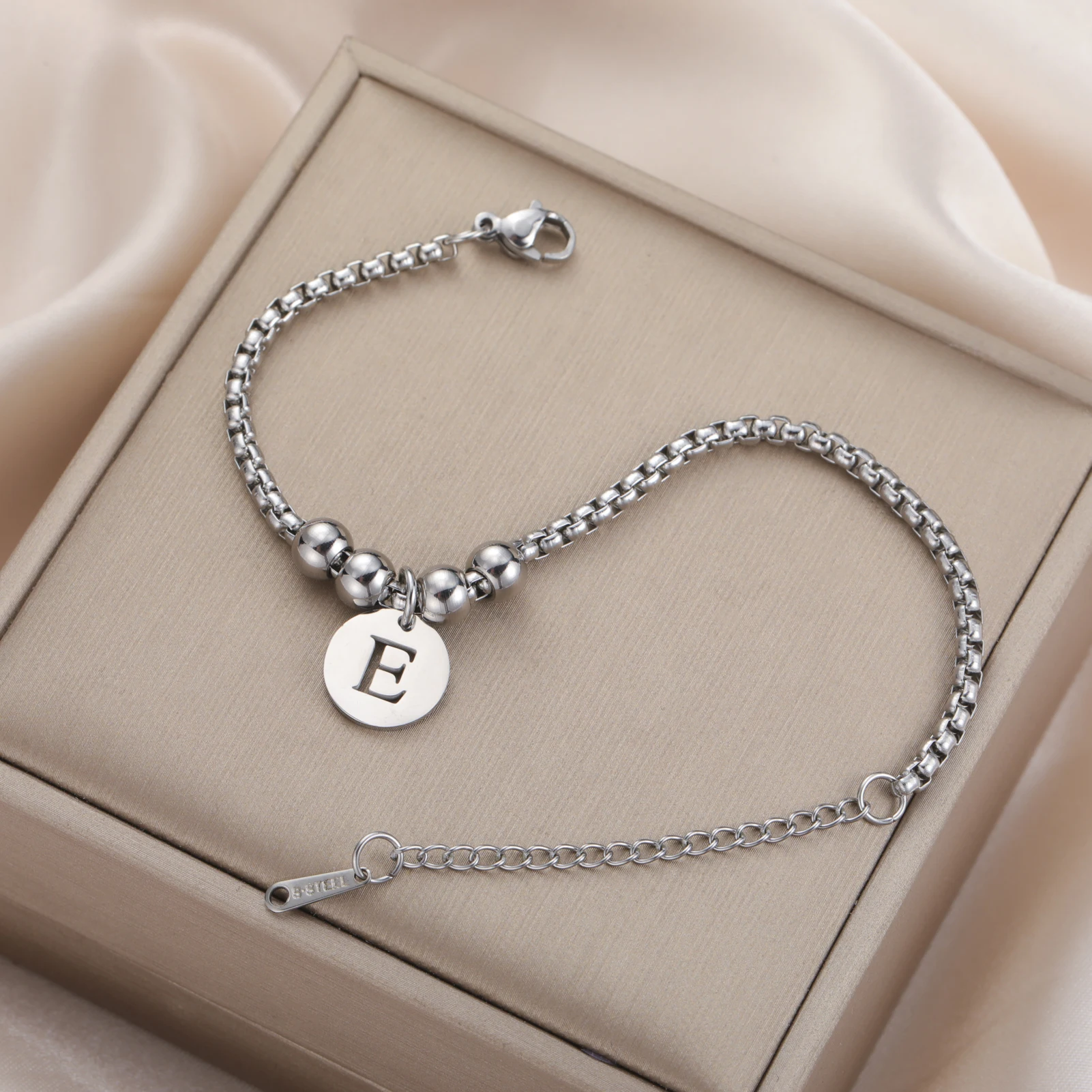 Cazador Stainless Steel A-Z Initial Letter Round Charm Box Chain Bracelet Jewelry Alphabet Bracelet for Women Mother\'s Day Gifts