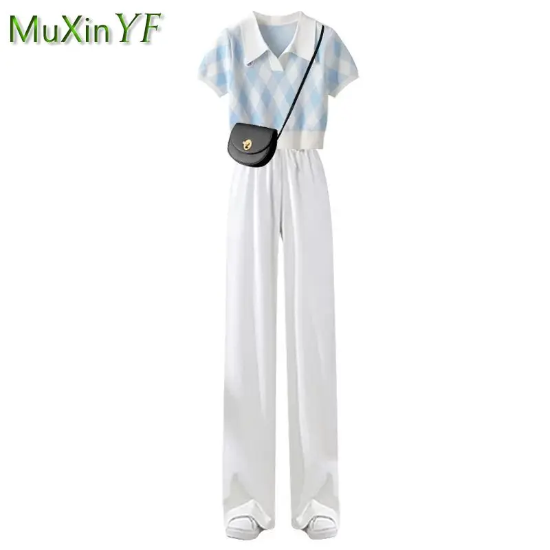 2023 Summer New Loose Polo Neck Top+Wide Leg Pants Two Piece Suit Women\'s Korean Elegant Short Sleeve Pants Casual Matching Set