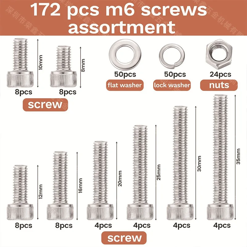 172Pcs Hex Socket Cap Head Bolts Nuts & Washers Assortment Kit, M6 Series, Cup Head Fasteners with Hex Wrench