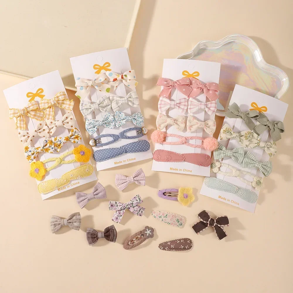 12Pcs/set Baby Girls Mini Cute Hairgripes Print Hairbangs Headdress Pretty Butterfly Daisy Hairclips Ribbon Bows Headwear Set
