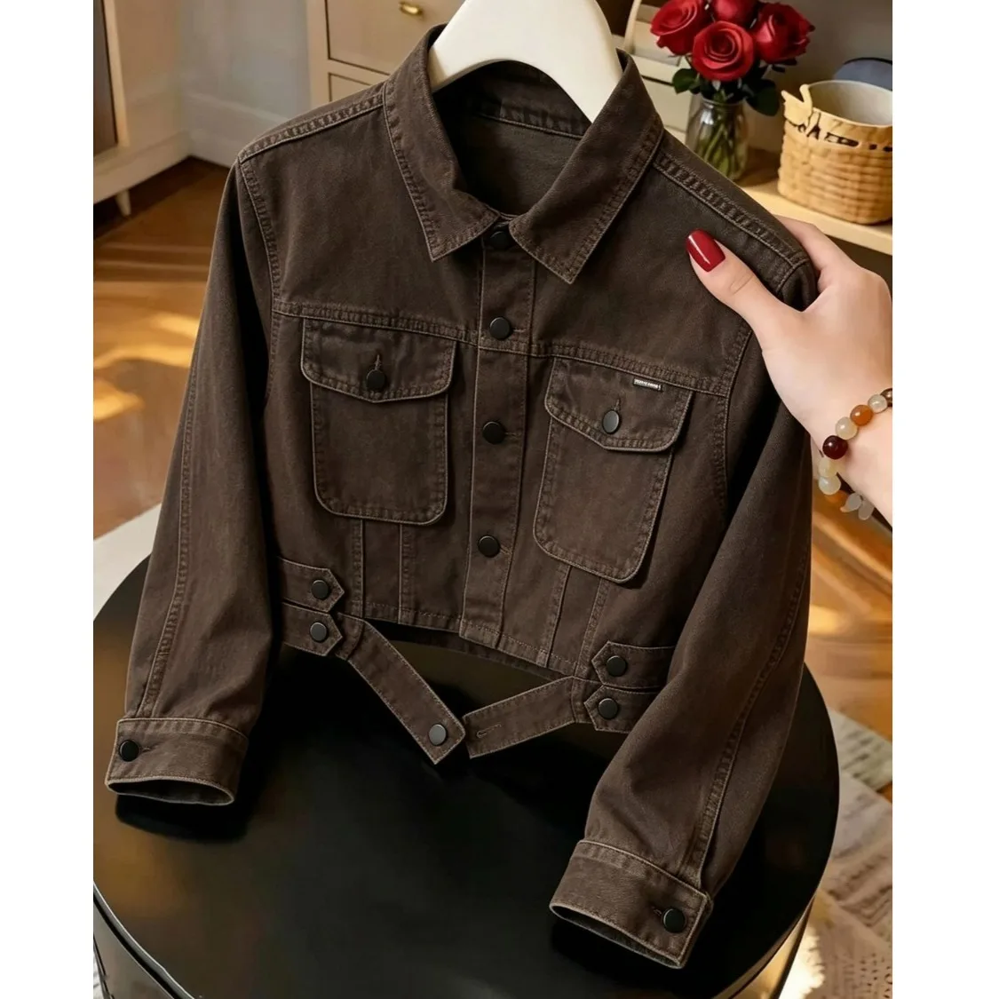 Korean Atmosphere Short Denim Jacket Women's Autumn Vintage Style Coffee Color Workwear Top Quality Polyester Fiber