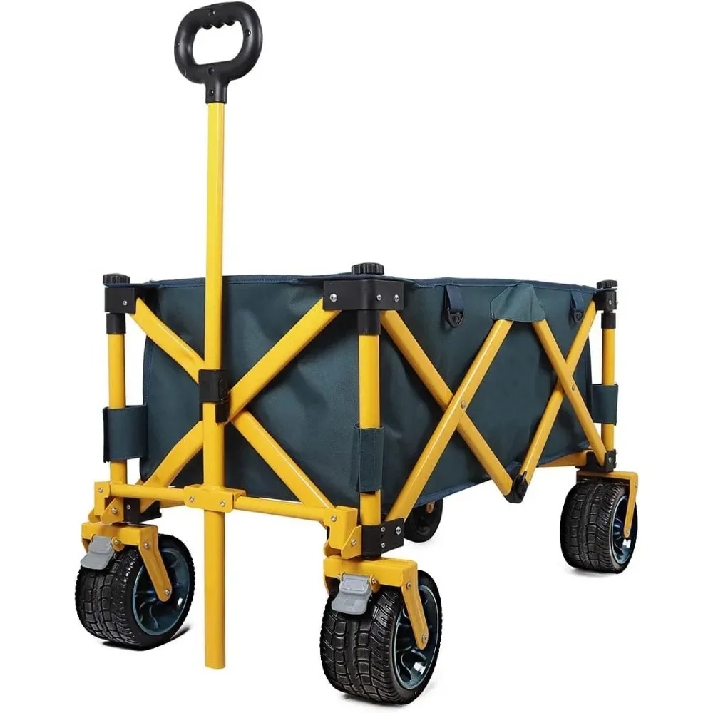 Heavy Duty Collapsible Utility Folding Cart Big Wheels Dark Green Yellow Outdoor Camping Beach Garden Wagon Cart Platform
