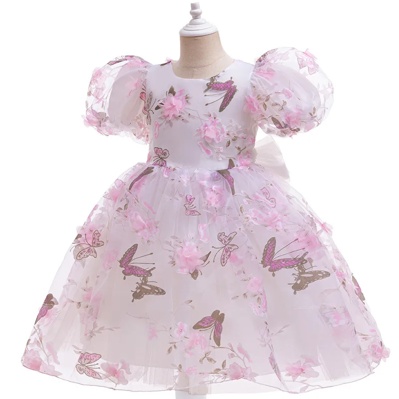 0-6th Birthday Party Girl Princess Dress Rose Embroidered Bubble Sleeves Christmas Children\'s Party Elegant Evening Dress