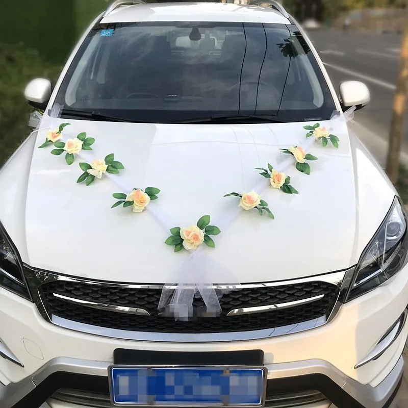 Soft Organza Tulle White Silk Rose Garland Romantic Wedding Car Front Hood And Door Handle Decoration Accessory