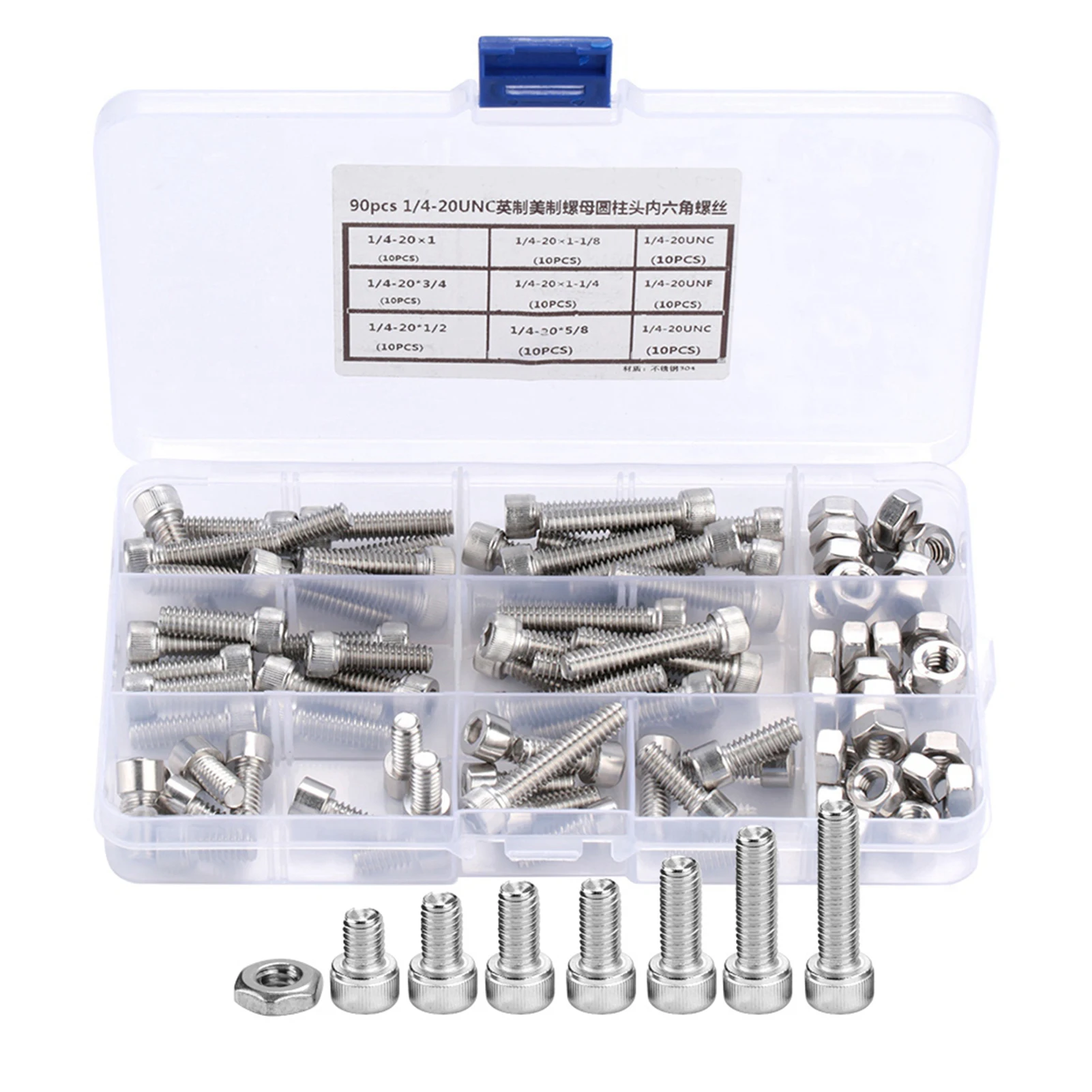 90PCS Stainless Steel  Screws 1/4-20UNC Stainless Steel Hex Socket  Head Bolts Hex Screw Assortment Kit