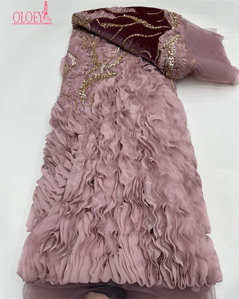 

OLOEY African Nigerian Sequins Embroidery Tulle Lace Fabric High Quality Beads Stone Sewing for Prom Dresses 5 Yards