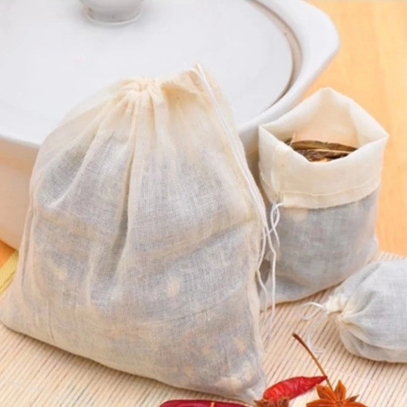 10pcs Reusable Multi-size Pure Cotton Drawstring tea Bag Strainer Tea Spice Separate Filter Bag Chinese Medicine Decoction Bag