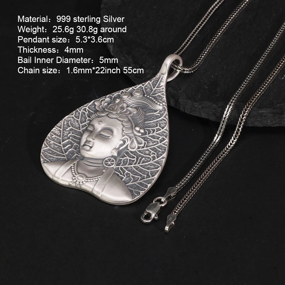 Sterling Silver 999 Vintage Pendant for Men and Women Bodhisattva Buddhist Religious Amulet Charm Necklace Fine Jewelry