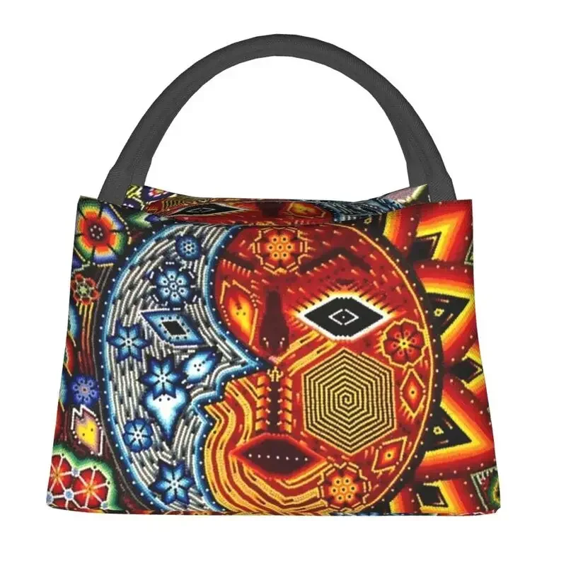 Sun Art Huichol Boho Insulated Lunch Tote Bag for Women Mexican Flower Day of The Dead Portable Cooler Thermal Bento Box