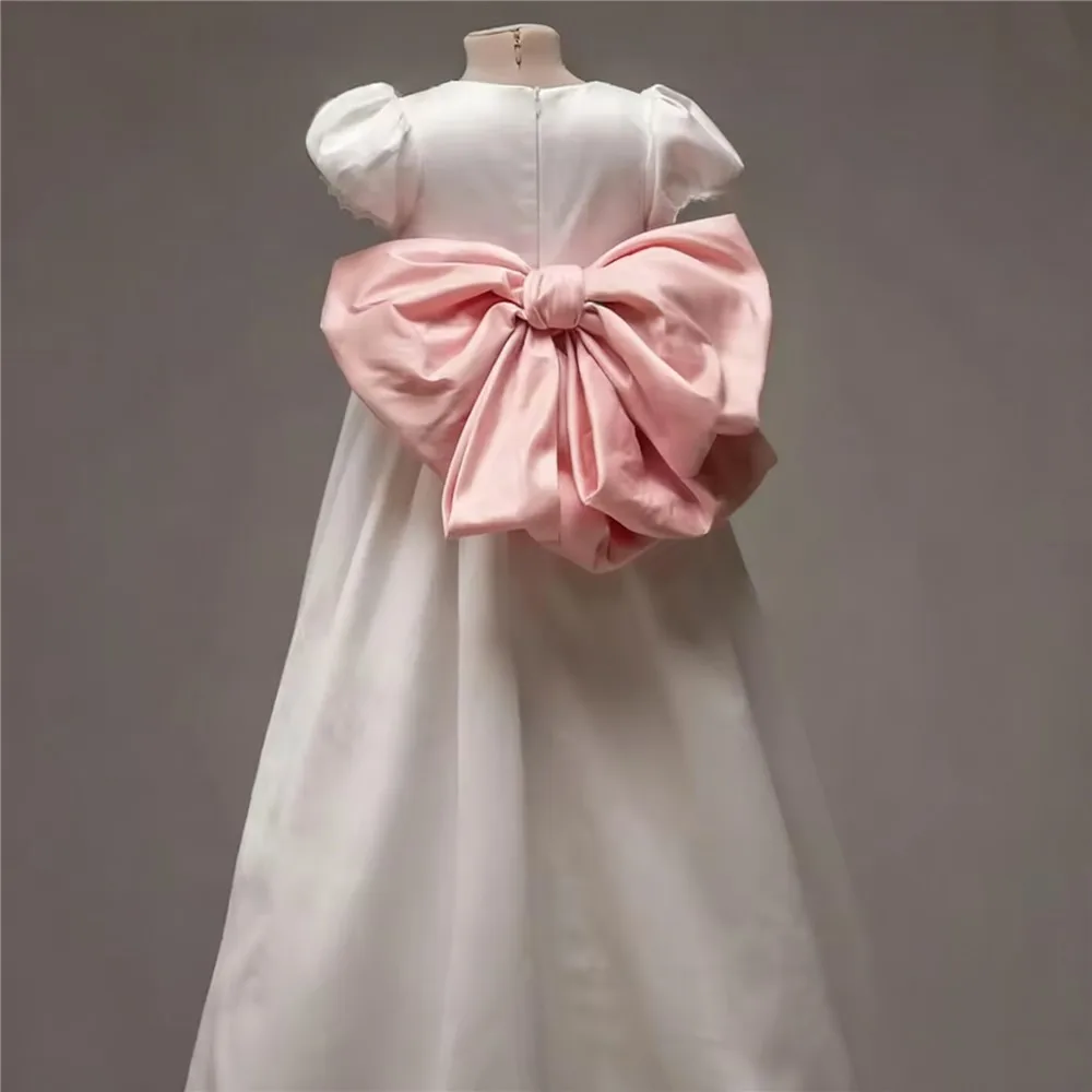 Customized Elegant Puff Sleeve Big Bow Flower Girl Wedding Dress Princess Birthday Party Dress Kids First Holy Communion Dress