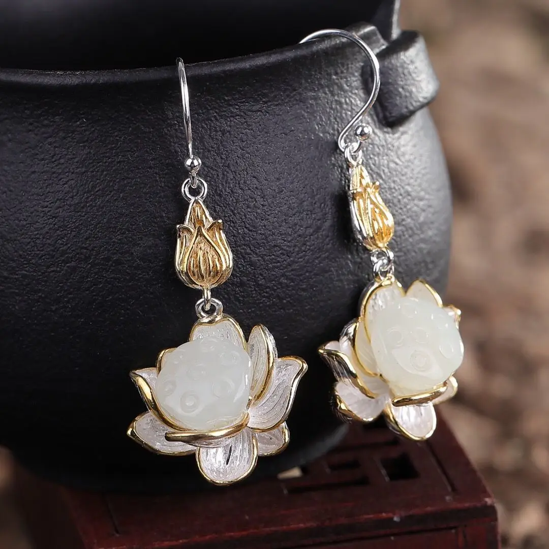 

Chinese Hotan Jade Lotus S925 Sterling Silver Earhook Women's Earrings Personalized Fashion Retro Jewelry Gift