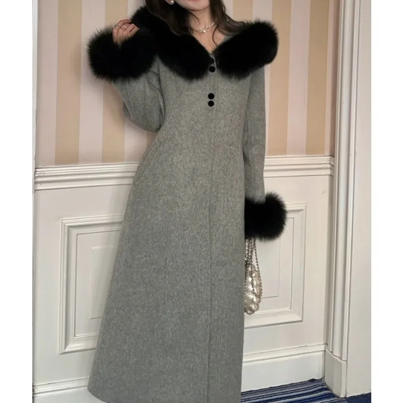 الكورية هيبورن كسول مزاجه معطف صوفي طويل جو الرجعية فضفاضة ورقيقة معطف الصوف المرأة #4