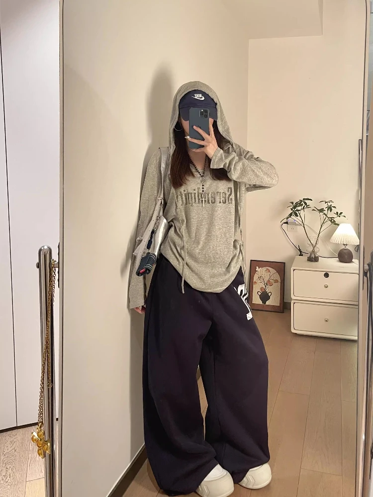 

2025 American Retro Style Hot Girl Worn-In Print Long Sleeve T-Shirt Women's Ins Thin Color Block Hoodie Sun Protection Top