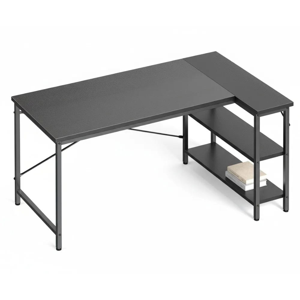 طاولة كمبيوتر زاوية مقاس 47 بوصة على شكل حرف L مع أرفف قابلة للعكس لدراسة المكاتب المنزلية