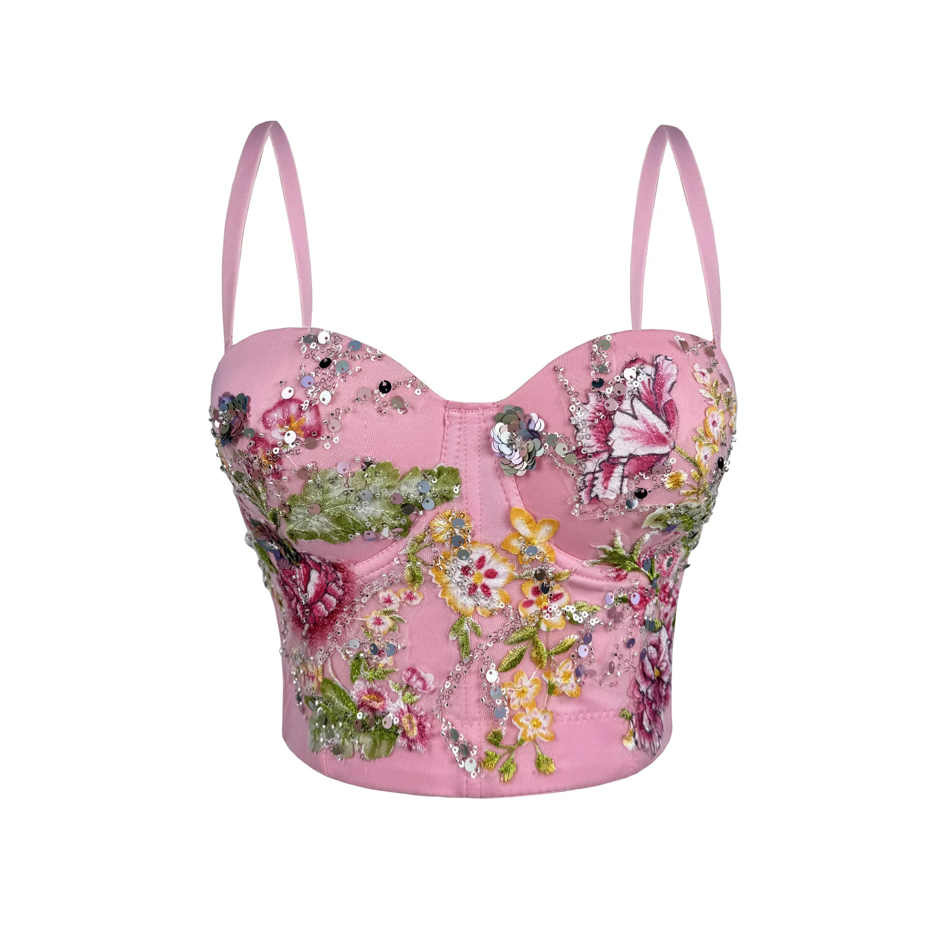 

customized women's handmade embroidery flower nail bead camisole vest fishbone corset bra retro slim fit top sexy lingerie tops