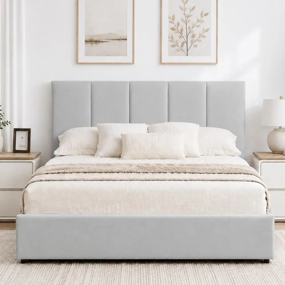 

Queen Size Storage Bed Frame with 4 Drawers, Upholstered Platform Bed with Under Bed Storage, Vertical Channel Headboard, Wood