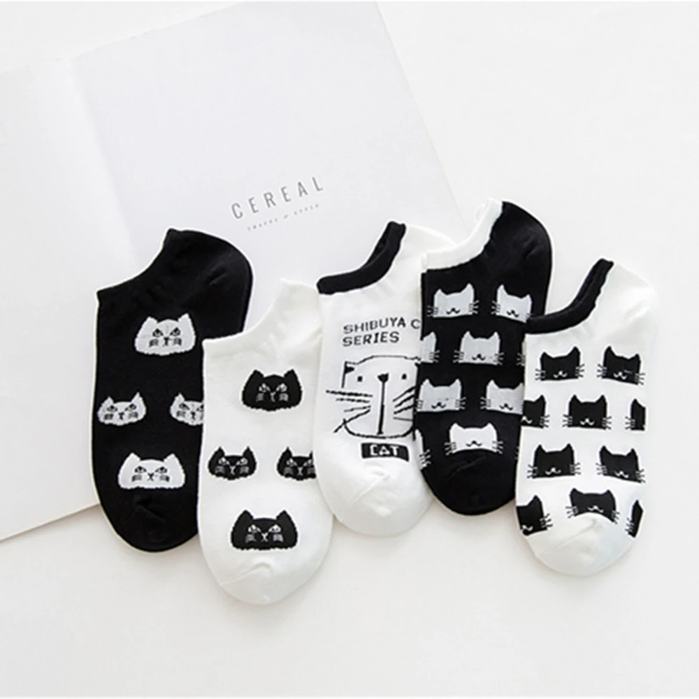 

5 Pairs Cute Cartoon Women Cotton Short Socks Set Girls Kawaii Black White Cat Kitty Kitten Head Low Cut Ankle Socks calcetines