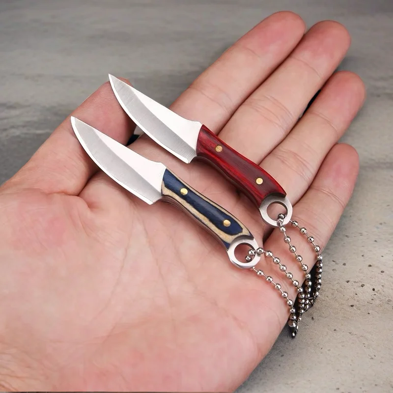 New Mini Wooden Handle Knife with Cover Keyring Pendant Unboxing Cutter Multi-functional Outdoor Camping Survival Gadget