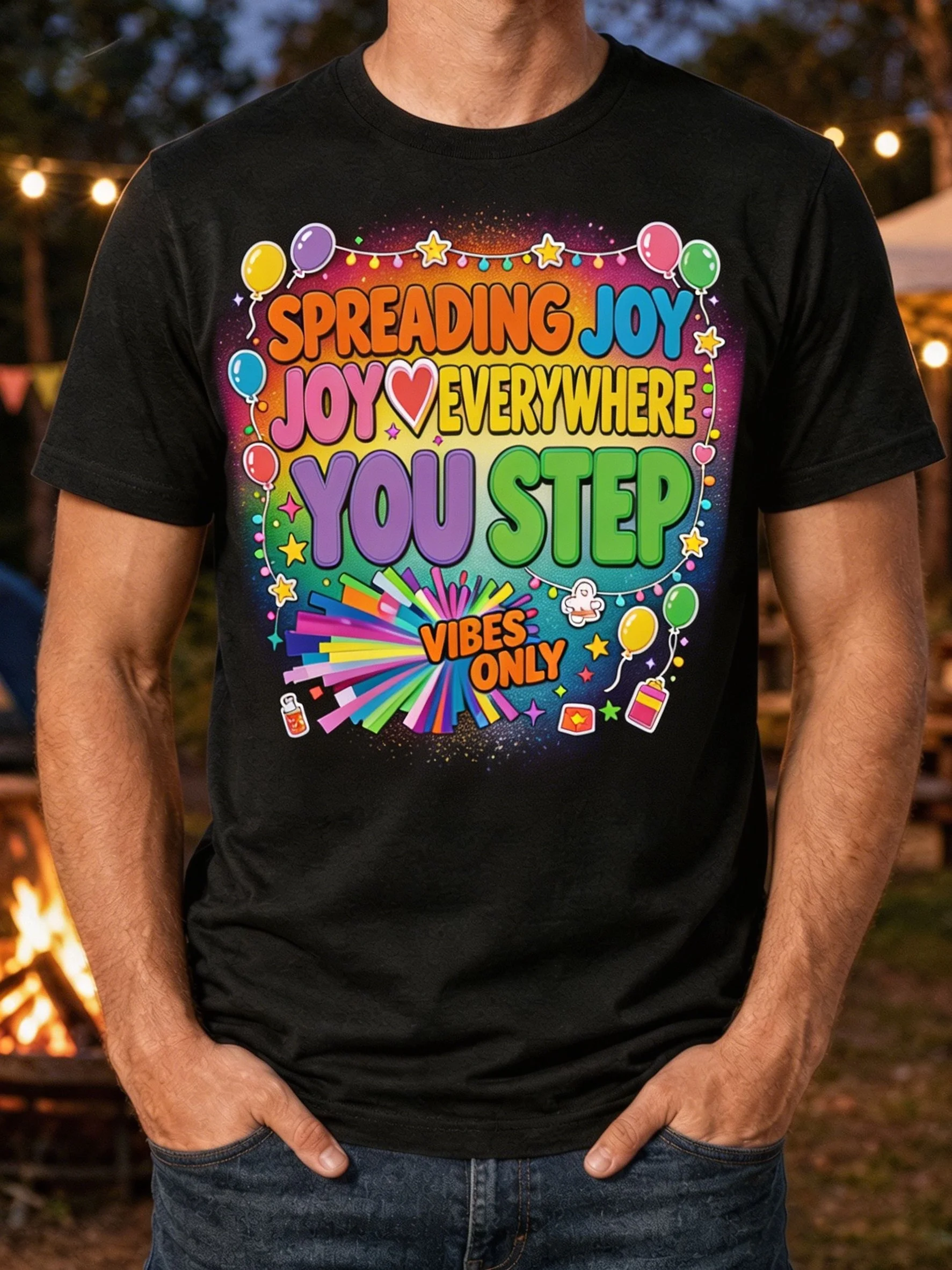 Men Spreading Joy Wherever You Step Graphic T Shirt Black Short Sleeve Crew Neck Casual Tee with Colorful Heart Letter Print