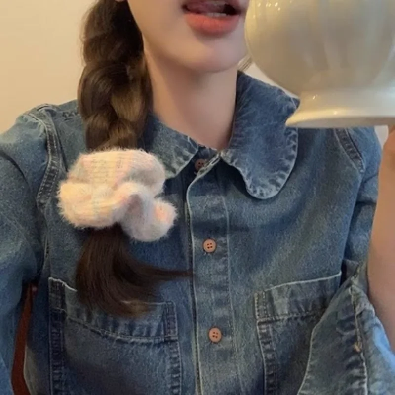 

Винтажная джинсовая рубашка в корейском стиле, женский топ, блузка с воротником Питера Пэна, Новое поступление, модная блузка на весну/осень