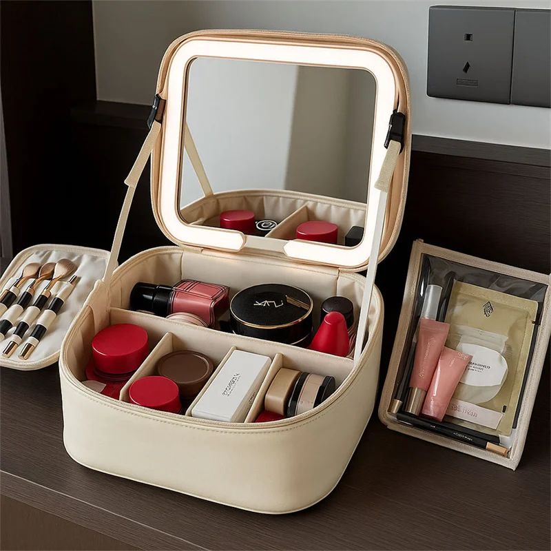 PU Leather LED Lighted Makeup Bag with Mirror Large Capacity Makeup Comestic Tools Organizer with Brush Holder & Toiletry Pouch