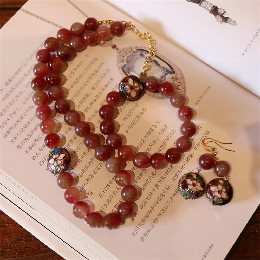 Fashion Vintage Drip glazed flowers with Glass Beaded Necklace  Bracelet earrings for women's girl jewelry sets women's set