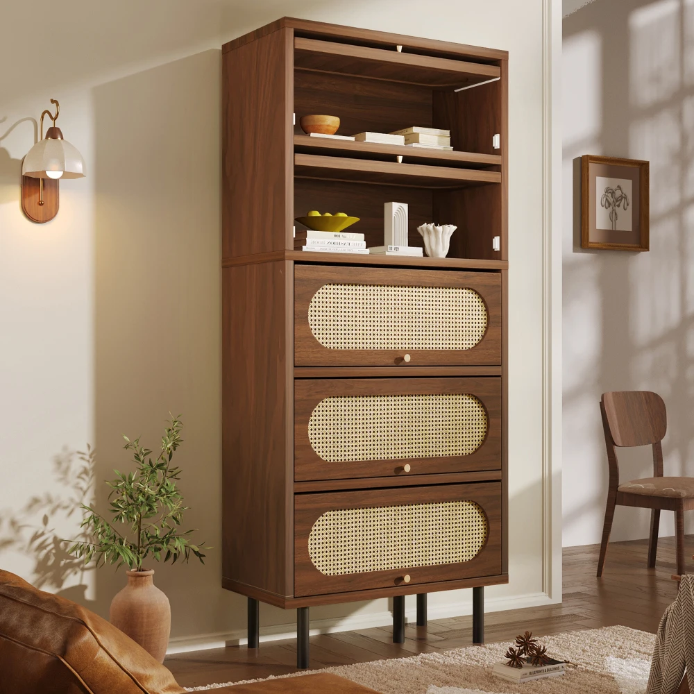 Credenza in rattan 80x40x163 cm, finitura noce chiaro, mobile alto con 5 ante a ribalta, armadio in legno con gambe in metallo, ampio spazio di archiviazione, mobili per la casa, ideale per soggiorno,