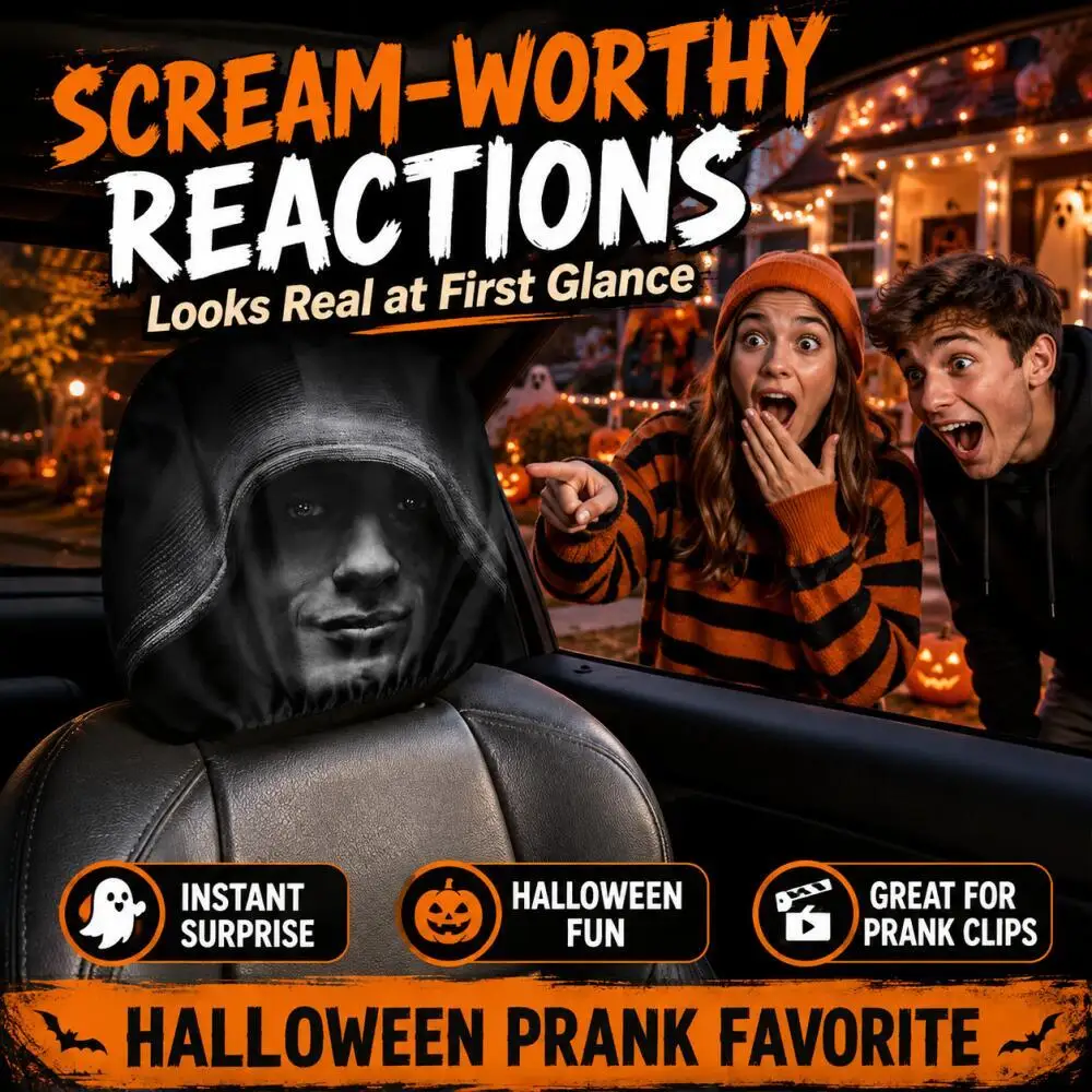 2Pcs Halloween Hooded Man Face Car Headrest Covers Realistic Scary Human Face Print Spooky Prank Interior Decor Halloween Party