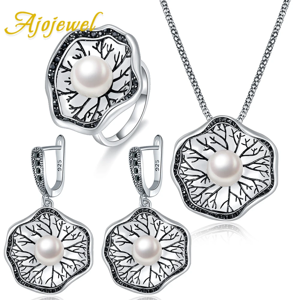 

Ajojewel Original Pearl Lotus Leaf Jewelry Sets For Women Antique Silver-color Chunky Ring Earrings Necklace & Pendant