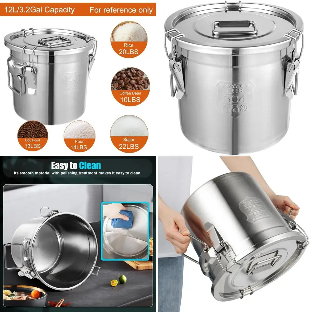 

Герметичная кухонная канистра из нержавеющей стали 12 л, контейнер для муки объемом 3,2 галлона с крышкой и зажимом, хранилище продуктов для риса, муки, серии