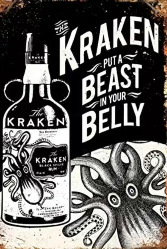 KRAKEN RUM ALCOHOL Letrero de estaño de METAL PUT A BEAST IN BELLY MAN CAVE BAR WALL ART sign